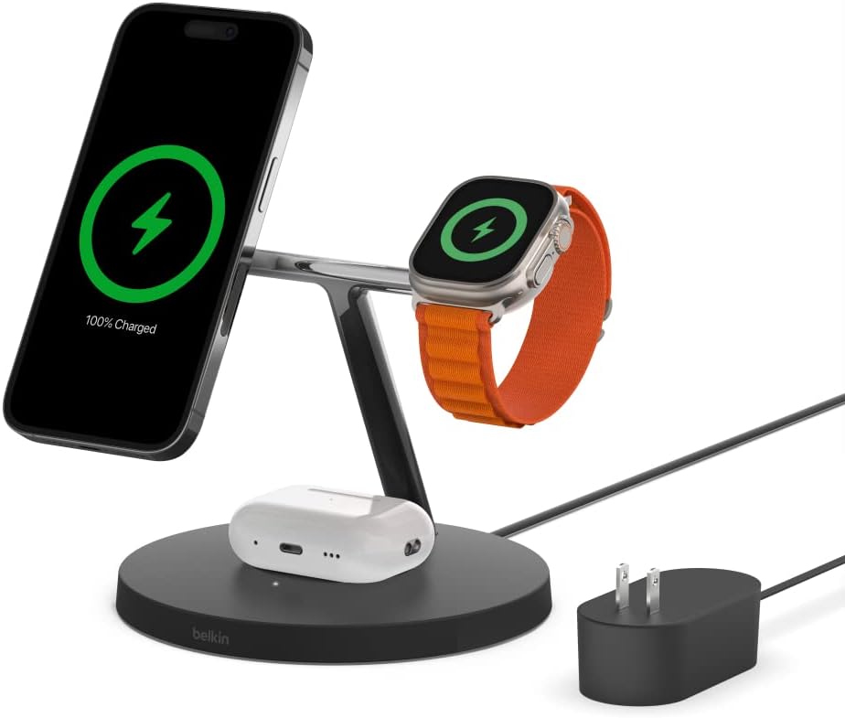 Belkin MagSafe 3-in-1 Wireless Charging Stand - 2ND GEN w/ 33% Faster for Apple Watch - iPhone 15, 14 & 13 Series, & AirPods -Charging Station for Multiple Devices – Black